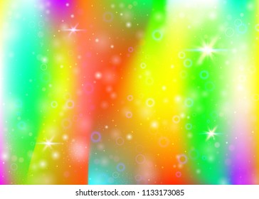 Fairy background with rainbow mesh.  Mystical universe banner in princess colors. Fantasy gradient backdrop with hologram. Holographic fairy background with magic sparkles, stars and blurs.