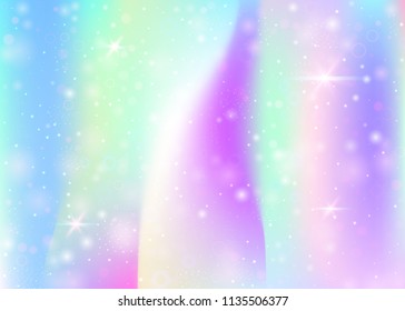 Fairy background with rainbow mesh.  Mystical universe banner in princess colors. Fantasy gradient backdrop with hologram. Holographic fairy background with magic sparkles, stars and blurs.