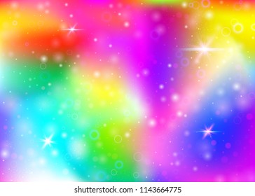 Fairy background with rainbow mesh.  Mystical universe banner in princess colors. Fantasy gradient backdrop with hologram. Holographic fairy background with magic sparkles, stars and blurs.