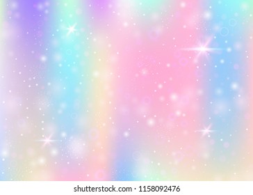 Fairy background with rainbow mesh.  Mystical universe banner in princess colors. Fantasy gradient backdrop with hologram. Holographic fairy background with magic sparkles, stars and blurs.