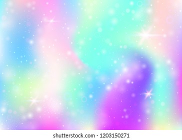 Fairy background with rainbow mesh.  Mystical universe banner in princess colors. Fantasy gradient backdrop with hologram. Holographic fairy background with magic sparkles, stars and blurs.
