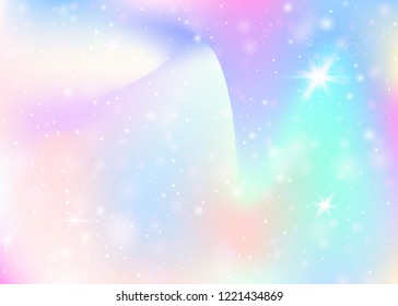Fairy background with rainbow mesh.  Mystical universe banner in princess colors. Fantasy gradient backdrop with hologram. Holographic fairy background with magic sparkles, stars and blurs.