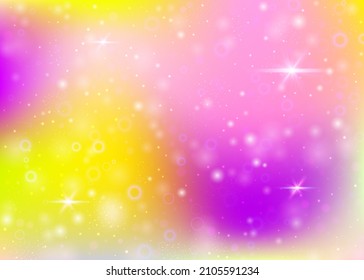 Frischer Hintergrund mit Regenbogenmaschen.  Mystisches Universum-Banner in Prinzessenfarben. Fantasy-Farbverlauf-Hintergrund mit Hologramm. Holografische Märchenhintergrund mit magischen Funkeln, Sternen und Bluren.