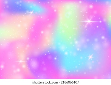 Fairy background with rainbow mesh.  Mystical universe banner in princess colors. Fantasy gradient backdrop with hologram. Holographic fairy background with magic sparkles, stars and blurs.