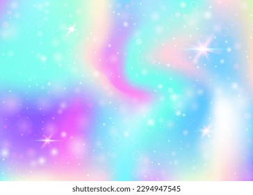 Fairy background with rainbow mesh.  Mystical universe banner in princess colors. Fantasy gradient backdrop with hologram. Holographic fairy background with magic sparkles, stars and blurs.