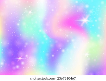 Fairy background with rainbow mesh.  Mystical universe banner in princess colors. Fantasy gradient backdrop with hologram. Holographic fairy background with magic sparkles, stars and blurs.