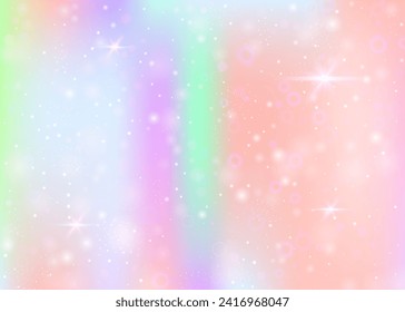 Fondo de hadas con malla arco iris.  Cartel místico del universo en colores princesas. Fondo gradiente de fantasía con holograma. Fondo de hadas holográficas con mágicos destellos, estrellas y borrosas.