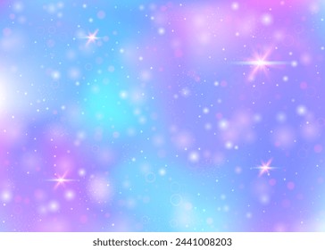 Fairy background with rainbow mesh.  Mystical universe banner in princess colors. Fantasy gradient backdrop with hologram. Holographic fairy background with magic sparkles, stars and blurs.