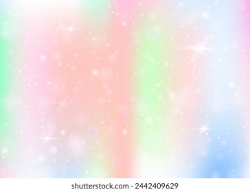Fairy background with rainbow mesh.  Mystical universe banner in princess colors. Fantasy gradient backdrop with hologram. Holographic fairy background with magic sparkles, stars and blurs.