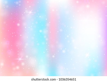 Fairy background with rainbow mesh.  Trendy universe banner in princess colors. Fantasy gradient backdrop with hologram. Holographic fairy background with magic sparkles, stars and blurs.