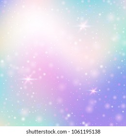 Fairy background with rainbow mesh. Trendy universe banner in princess colors. Fantasy gradient backdrop with hologram. Holographic fairy background with magic sparkles, stars and blurs.