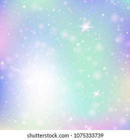 Fairy background with rainbow mesh. Trendy universe banner in princess colors. Fantasy gradient backdrop with hologram. Holographic fairy background with magic sparkles, stars and blurs.