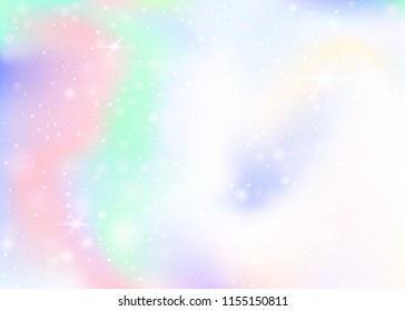 Fairy background with rainbow mesh.  Trendy universe banner in princess colors. Fantasy gradient backdrop with hologram. Holographic fairy background with magic sparkles, stars and blurs.