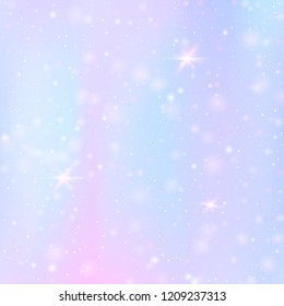 Fairy background with rainbow mesh. Trendy universe banner in princess colors. Fantasy gradient backdrop with hologram. Holographic fairy background with magic sparkles, stars and blurs.