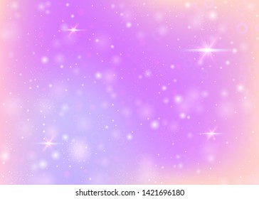 Fairy background with rainbow mesh.  Trendy universe banner in princess colors. Fantasy gradient backdrop with hologram. Holographic fairy background with magic sparkles, stars and blurs.