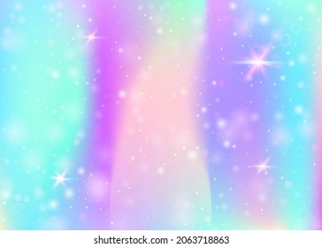 Fairy background with rainbow mesh.  Trendy universe banner in princess colors. Fantasy gradient backdrop with hologram. Holographic fairy background with magic sparkles, stars and blurs.