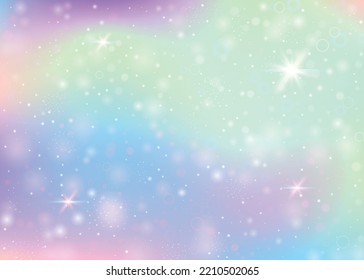 Fondo de hadas con malla arco iris.  Banner de moda del universo en colores princesas. Fondo gradiente de fantasía con holograma. Fondo de hadas holográficas con mágicos destellos, estrellas y borrosas.