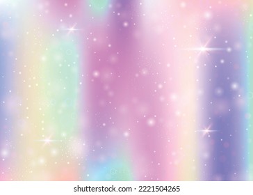 Fairy background with rainbow mesh.  Trendy universe banner in princess colors. Fantasy gradient backdrop with hologram. Holographic fairy background with magic sparkles, stars and blurs.