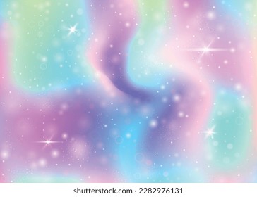 Fairy background with rainbow mesh.  Trendy universe banner in princess colors. Fantasy gradient backdrop with hologram. Holographic fairy background with magic sparkles, stars and blurs.