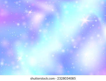 Fairy background with rainbow mesh.  Trendy universe banner in princess colors. Fantasy gradient backdrop with hologram. Holographic fairy background with magic sparkles, stars and blurs.