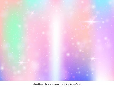 Fairy background with rainbow mesh.  Trendy universe banner in princess colors. Fantasy gradient backdrop with hologram. Holographic fairy background with magic sparkles, stars and blurs.