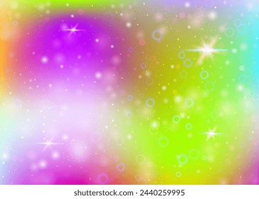 Fairy background with rainbow mesh.  Trendy universe banner in princess colors. Fantasy gradient backdrop with hologram. Holographic fairy background with magic sparkles, stars and blurs.