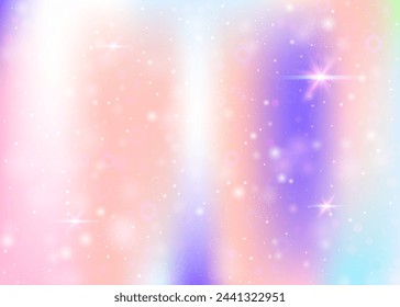 Fairy background with rainbow mesh.  Trendy universe banner in princess colors. Fantasy gradient backdrop with hologram. Holographic fairy background with magic sparkles, stars and blurs.