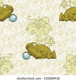 Fairy background. Seamless pattern. Big frog with pearl.
