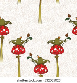 Fairy background. Seamless pattern. Princess frog on mushroom amanita.