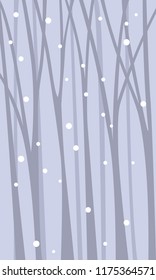 Fairy background with a snowfall among the trunk of trees. 
