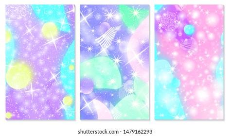 Fairy background. Unicorn pattern. Fantasy abstract invitation card. Vector design concept. Holographic magic stars. Fairy tale background.