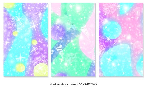 Fairy background. Unicorn pattern. Fantasy abstract invitation card. Vector design concept. Holographic magic stars. Fairy tale background.