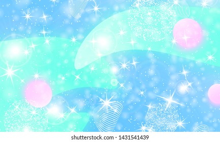 Fairy background. Unicorn pattern. Rainbow galaxy. Princess color waves. Fantasy background. Pastel colors. Mermaid turquoise. Vector illustration.