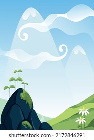 
Fairy background. Valley, sky, flowers, stones. Vector illustration.