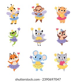 Fairy Ballerina Animal Characters with Magic Wand Vector Set