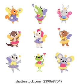 Fairy Ballerina Animal Characters with Magic Wand Vector Set