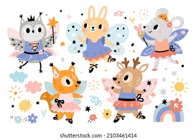 Fairy ballerinas animals. Cute sorceresses characters with wings and magic wands. Little beautiful princesses in fancy dresses. Dancing squirrels and rabbits. Vector