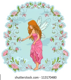 fairy between flowers (fairy, flowers and background are on different layers. JPEG available in my gallery)