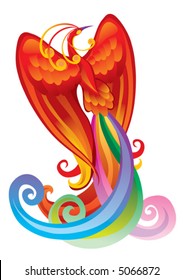 fairy bird phoenix in red, isolated object on a white background, vector illustration
