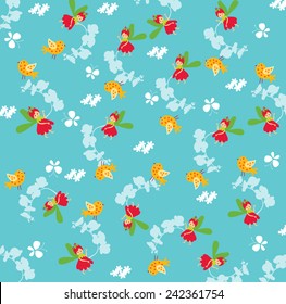  Fairy with bird and spring flower on the blue background