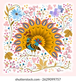 Fairy bird surrounded by twigs, flowers and leaves on a white background. Cute cartoon peacock beautiful square postcard. Print for napkin, pillow.