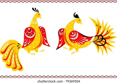 Fairy birds in the Gorodets painting style