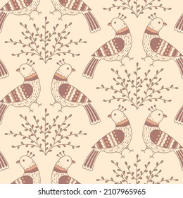 Fairy birds on the branches in rustic style. Vector seamless pattern for textile, wallpaper and wrapping paper.