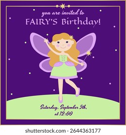 Fairy Birthday Invitation with gold, stars, confetti, fairy girl with magic wand and wings, gold stars, purple background, party, celebration