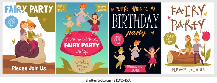 Fairy birthday party for children, invitation posters template with cute pixies, cartoon flat vector illustration. Set of banners with magical fairy boys and girls flying and having fun.