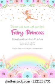 Fairy birthday party invitation template. Gold sparkling silhouette of a cute little pixie on a beautiful floral background with a rainbow. Vector illustration 10 EPS.