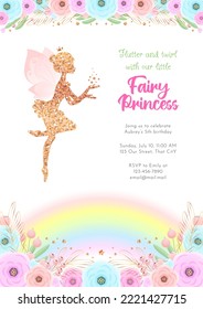 Fairy birthday party invitation template. Gold sparkling silhouette of a cute little pixie on a beautiful floral background with a rainbow. Vector illustration 10 EPS.