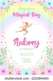 Fairy birthday party invitation template. Gold sparkling silhouette of a cute little pixie on a beautiful floral background with a rainbow. Vector illustration 10 EPS.