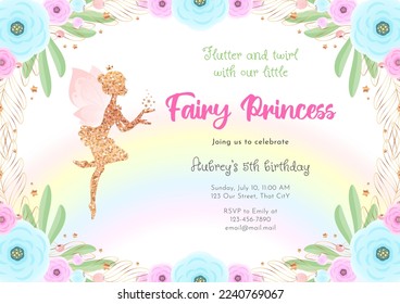 Fairy birthday party invitation template. Gold sparkling silhouette of a cute little pixie on a beautiful floral background with a rainbow. Vector illustration 10 EPS.
