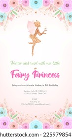 Fairy birthday party invitation template. Gold sparkling silhouette of a cute little pixie on a beautiful floral background. Can be used for web, social networks and stories. Vector 10 EPS.